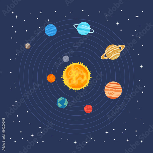 Star Sun with planets of the Solar System in orbits around it on a dark blue background of the starry universe. Flat vector illustration