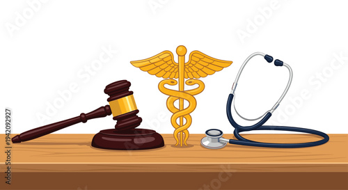 A dark brown judge's gavel, a golden Caduceus, and a blue stethoscope are neatly arranged on a light wooden surface against a white background.
