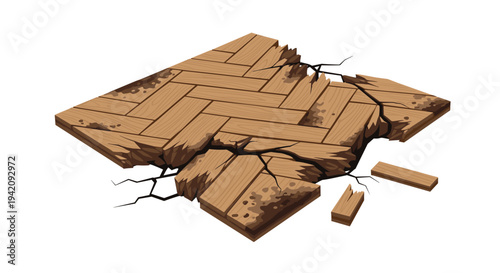 An isometric view showcases a severely damaged section of light brown wooden parquet flooring with a distinct herringbone pattern and detached planks.