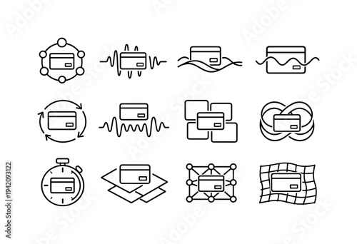 Line style vector icons of payment processing payment methods: phase node, rhythm stripe, wave band, phase stripe, sync contour,