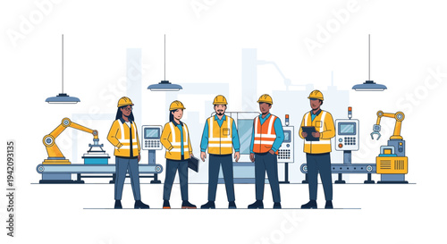 Five diverse factory workers in yellow hard hats and safety vests stand confidently within a modern industrial setting with robotic arms.