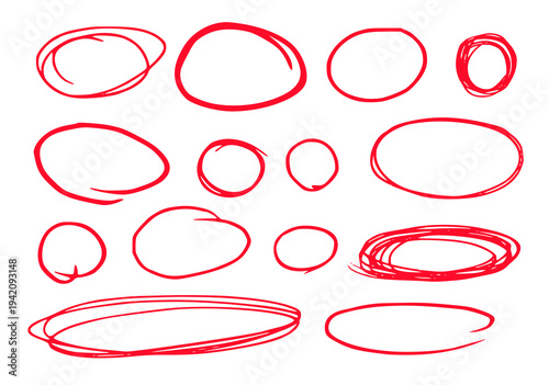 set of red circles doodle hand drawn circle pen vector set