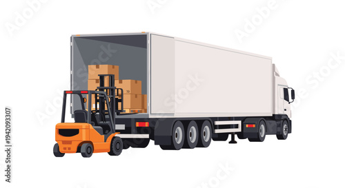 An orange forklift is seen backing into the open rear of a large white semi-trailer truck, preparing to load or unload stacked cardboard boxes.