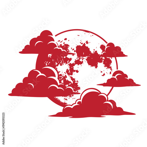 red clouds and sun illustration with grunge effect  sunny weather symbol