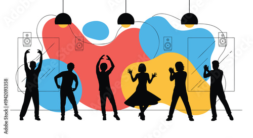 Set of 6 dancing people silhouettes vector