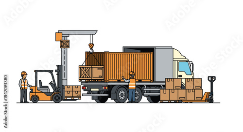 Two workers are actively loading various types of cargo, including crates and a container, onto a large grey truck using a forklift and crane.