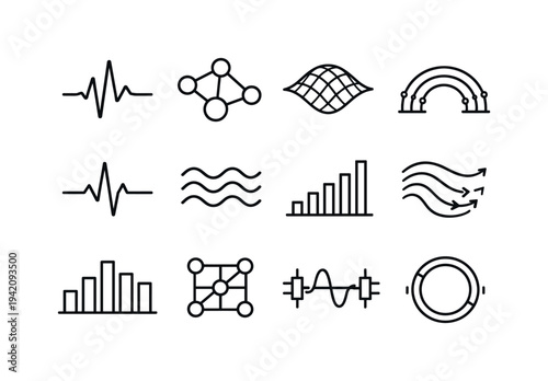 Line style vector icons of amenities: pulse contour, resonance node, transition mesh, interval arc, pulse line, wave tile,