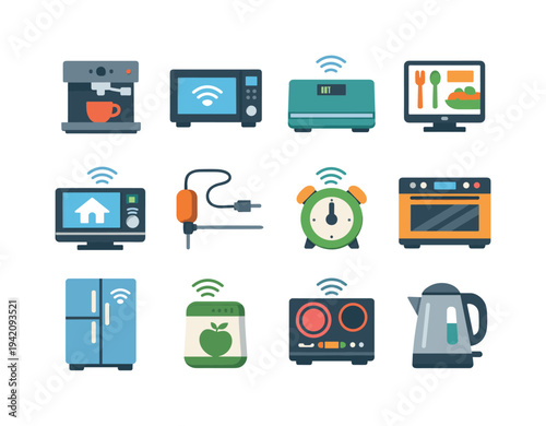 Flat vector icons of smart home kitchen devices: coffee machine, smart microwave, smart scale, recipe display, kitchen hub,