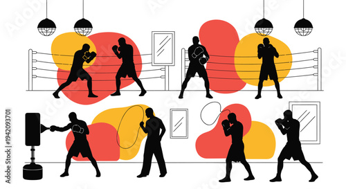 Set of 8 boxing silhouettes vector, boxing ring, training, fitness icons
