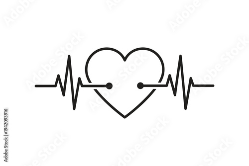 A black line drawing of an electrocardiogram heartbeat rhythm with a heart symbol in the center on a white background, representing love and medical health.