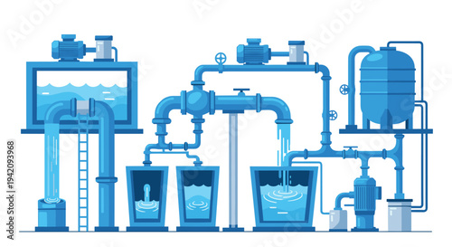 An elaborate blue water purification and distribution system with pipes, pumps, and tanks is shown actively filling several drinking glasses.