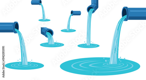 Multiple blue pipes of different sizes are shown with clear blue water vigorously pouring from their ends onto a pristine white surface.