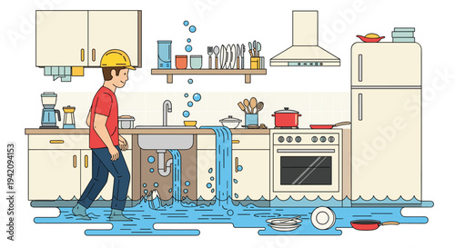 A male plumber wearing a yellow hard hat and rubber boots is walking through a severely flooded kitchen with water overflowing from the sink and stove.