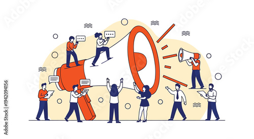 Vector illustration of people working together with megaphone and speech bubbles