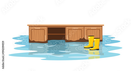 A wooden office desk with drawers is partially submerged in a large puddle of water, with a pair of yellow rubber boots standing nearby.