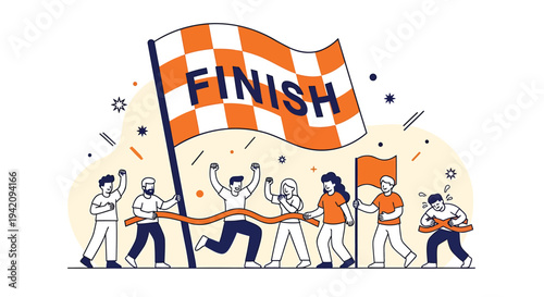 Vector illustration of people crossing finish line with flag