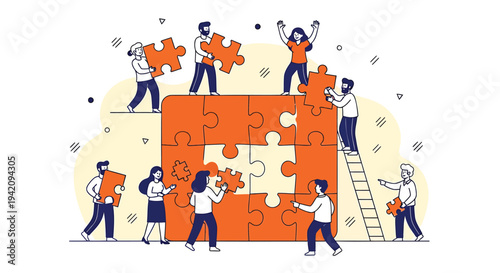 Vector illustration of people assembling a giant puzzle
