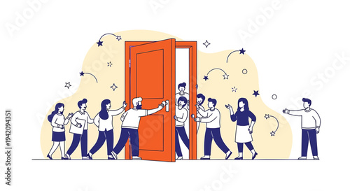 Vector illustration of people opening door, teamwork and opportunity concept