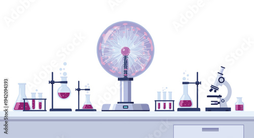 A laboratory setup displays a large plasma ball with electrical discharges, surrounded by beakers, test tubes, and a microscope on a white bench.