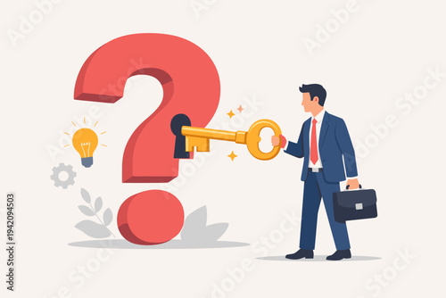 Businessman holding a golden key to unlock a large red question mark with a keyhole, representing finding solutions to problems, business strategy, creative thinking, and answering questions.