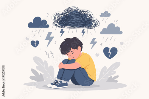 Vector Illustration of a Sad Young Boy Sitting Alone with a Dark Storm Cloud and Lightning Above Him, Representing Childhood Psychological Trauma, Depression, Anxiety, and Mental Health Issues.