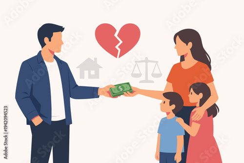 Flat vector illustration of a father paying child support to a mother with two kids. Concept of divorce, alimony, financial settlement, and family law with broken heart and justice scale icons.