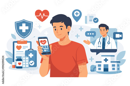 Man using smartphone for online doctor consultation and health monitoring. Telemedicine concept with icons for medical insurance, hospital, medicine, heart rate, and digital healthcare services