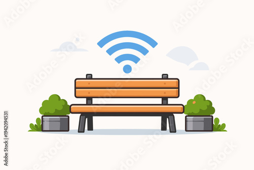 Modern flat vector illustration of a wooden city park bench with a blue Wi-Fi wireless internet signal icon above it, representing public hotspot connectivity in urban outdoor spaces with bushes.