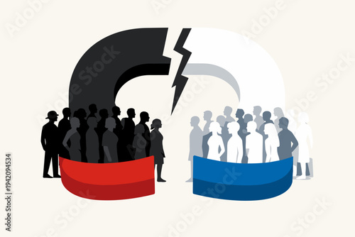 Divided Society Concept Vector Illustration of People on a Broken Horseshoe Magnet Representing Political Polarization, Social Conflict, Ideological Disagreement, and Partisan Split in Red and Blue