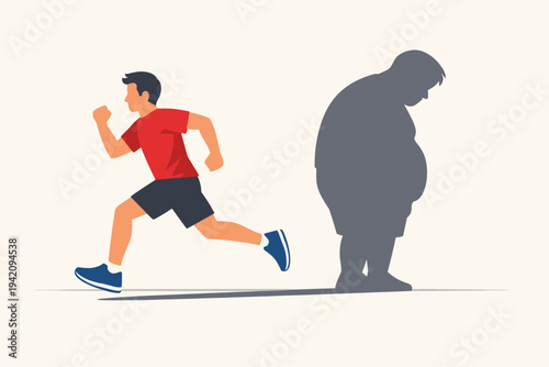 Vector Illustration of a Fit Man Running Away from His Large Sad Obese Shadow Representing Weight Loss Journey, Fitness Transformation, Overcoming Obesity, and Healthy Lifestyle Motivation.