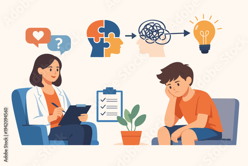 Professional female psychologist providing mental health support and counseling to a sad young boy in a therapy session with icons representing problem solving, emotional healing, and insight.