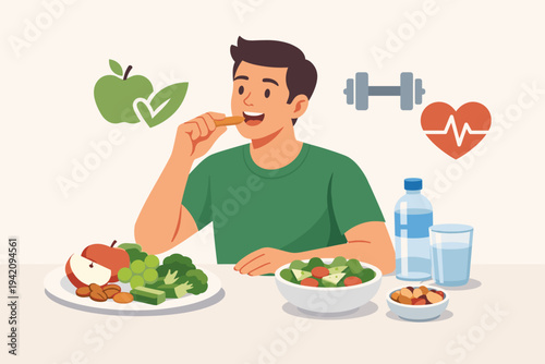 Healthy Lifestyle Concept Vector Illustration of a Young Man Eating Nutritious Snacks and Salad, Surrounded by Fresh Fruits, Vegetables, Water, and Fitness Icons for Wellness and Dieting.
