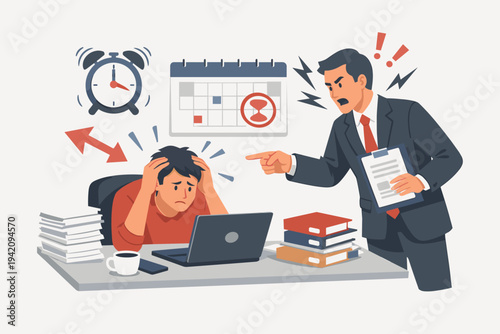 Stressed office employee feeling overwhelmed at desk with laptop while angry boss shouts and points at him about an urgent approaching work deadline, toxic workplace environment vector concept.