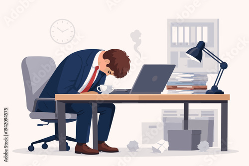 Exhausted businessman in a suit sitting at his office desk with head down, feeling stressed and overworked. Flat vector illustration of professional burnout, fatigue, and heavy workload pressure.
