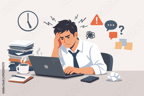 Overworked Businessman Feeling Stressed and Exhausted at Desk with Laptop, Heavy Workload and Deadline Pressure Concept, Flat Vector Illustration of Mental Health, Burnout, and Office Fatigue.