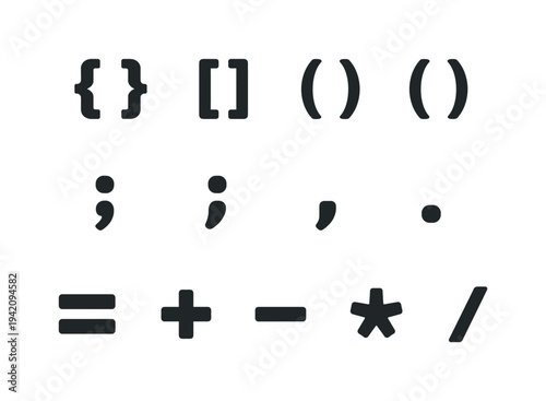 Collection of common punctuation marks and mathematical symbols on a white background