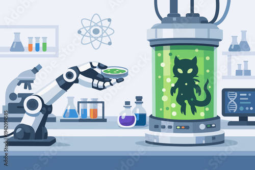 Vector Illustration of a Futuristic Science Laboratory Featuring a Robotic Arm Holding a Petri Dish and a Mysterious Alien Creature in a Bio-Containment Capsule for Biotechnology Experiments.