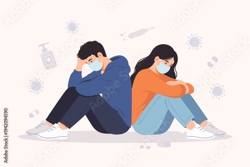 Sad and depressed couple sitting back to back wearing face masks during COVID-19 pandemic lockdown, vector illustration of mental health, anxiety, loneliness, and relationship stress in quarantine.