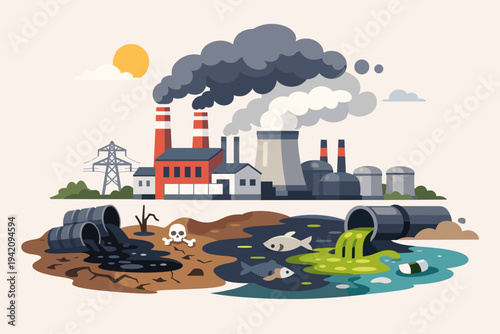 Industrial factory complex polluting the environment with toxic smoke emissions, chemical waste discharge into water killing fish, and hazardous oil spills on soil, flat vector illustration.