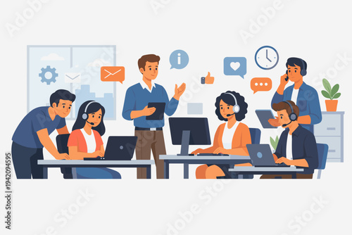 Professional customer service team working in a modern open office environment, diverse agents with headsets using laptops and computers for support, manager supervising and helping staff.