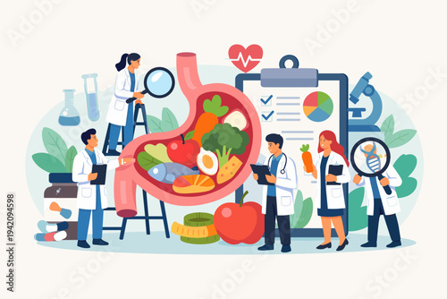 Doctors and Medical Researchers Examining Human Stomach Health and Nutrition with Healthy Food, Vegetables, and Fruits in Flat Vector Illustration for Gastroenterology, Diet, and Wellness.