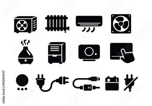 Collection of black icons representing climate control and electrical devices