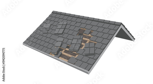An isometric view shows a damaged grey gable roof with many missing shingles, exposing light brown wooden rafters against a white background.
