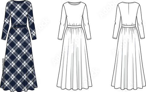 Long Sleeve Plaid Maxi Dress Technical CAD Drawing Flat Vector Illustration with Front and Back View for Adobe Stock SEO