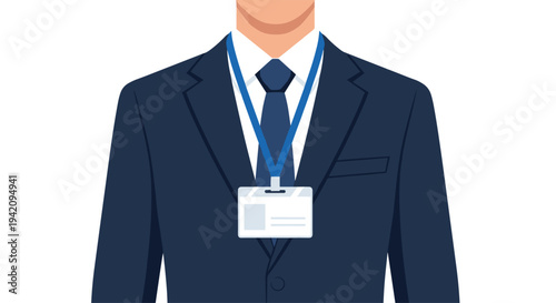 A man's upper torso wears a dark blue suit, dark blue tie, and a blank ID badge on a dark blue lanyard against a white background.