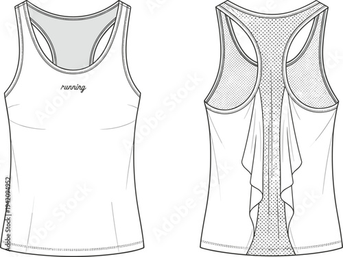 Fashion technical sketch of a women’s racerback running tank top with mesh back panel, draping detail, and performance activewear silhouette.