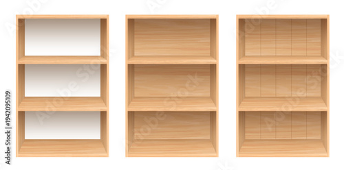 Realistic wooden shelving and storage set with natural wood texture for interior, furniture display, home and office design