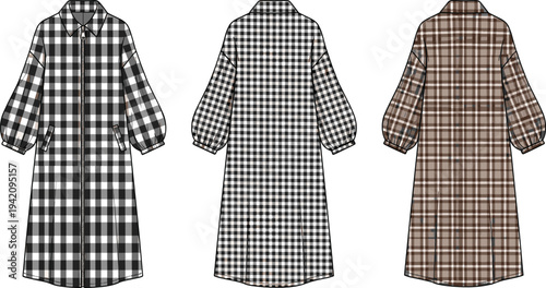 Fashion Flat Sketches of Vintage Puff Sleeve Dress, Plaid Long Coat, Cargo Joggers, Paperbag Trousers, Sports Bra, and Baby Apparel Vector CAD Drawings