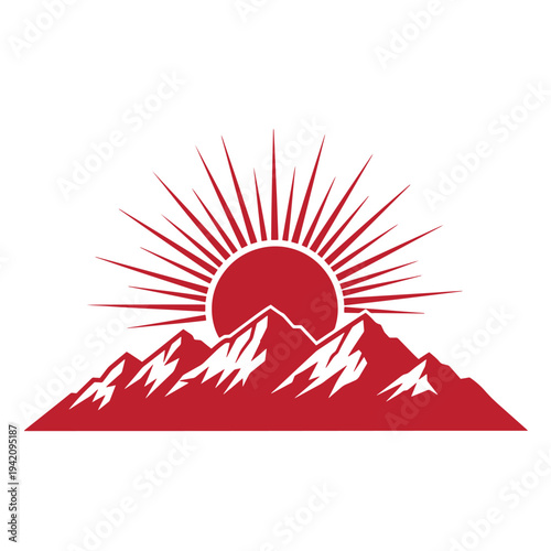 red sun rising over mountain range landscape graphic design element