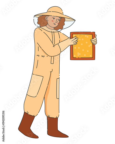 Woman beekeeper in protective suit holding wooden beehive frame with honeycombs
